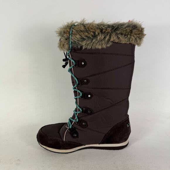 L.L. Bean Winter Snow Boots Women's 7 Brown Nylon Lace Up Fur Trim Mid Calf - Picture 6 of 9